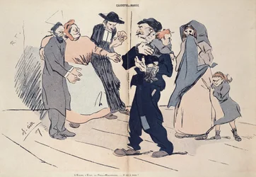 Lucha por un niño entre la familia del niño y la Iglesia, el Estado y los masones, caricatura de 